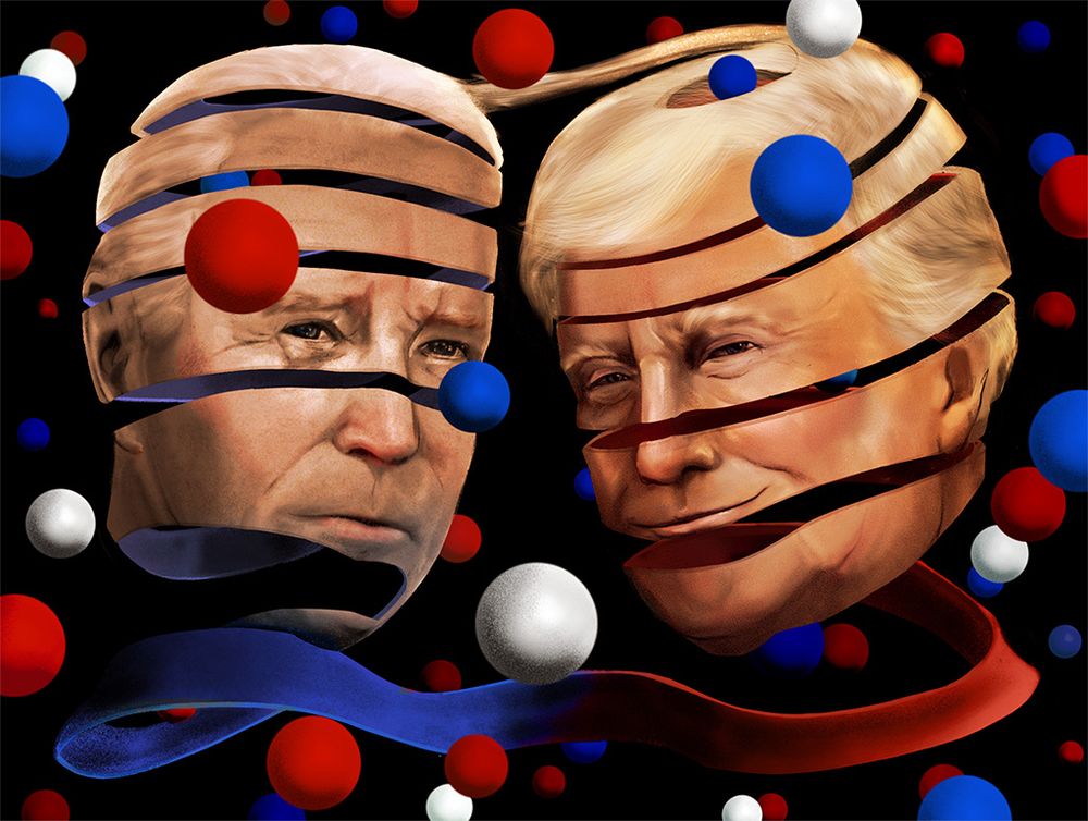 Biden and Trump/ Faces made up of ribbons connecting with each other, homage to MC Escher.