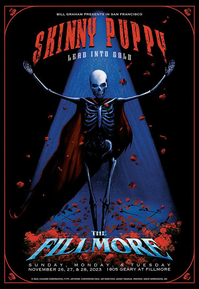 Skinny Puppy Fillmore Poster/ Skeleton on Stage surrounded by falling roses.