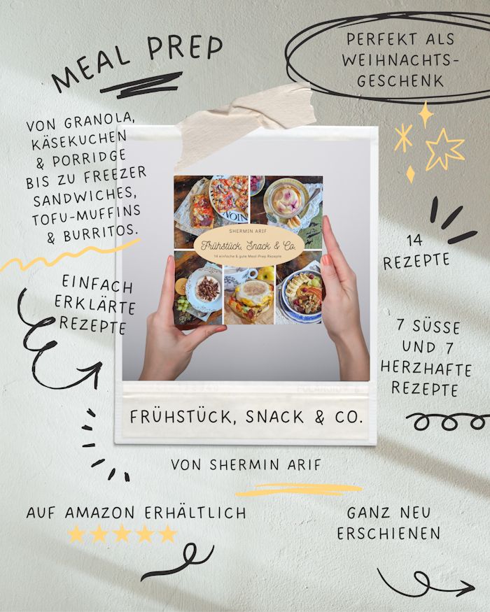 Weiße Wand. In der Mitte ist ein Bild im Stil eines Polaroid-Fotos. Hände mit bunt lackierten Nägeln halten ein buntes Kochbuch in die Höhe. Untendrunter steht "Frühstück, Snack & co. von Shermin Arif". Rundherum sind kleine Doodles und schwarze schrift mit Sachen wie "Meal Prep" , "Perfekt als Weihnachtsgeschenk", "Ganz neu erschienen" und "Von Granola, Käsekuchen & Porridge bis zu Freezer Sandwiches, Tofu-Muffins & Burritos".