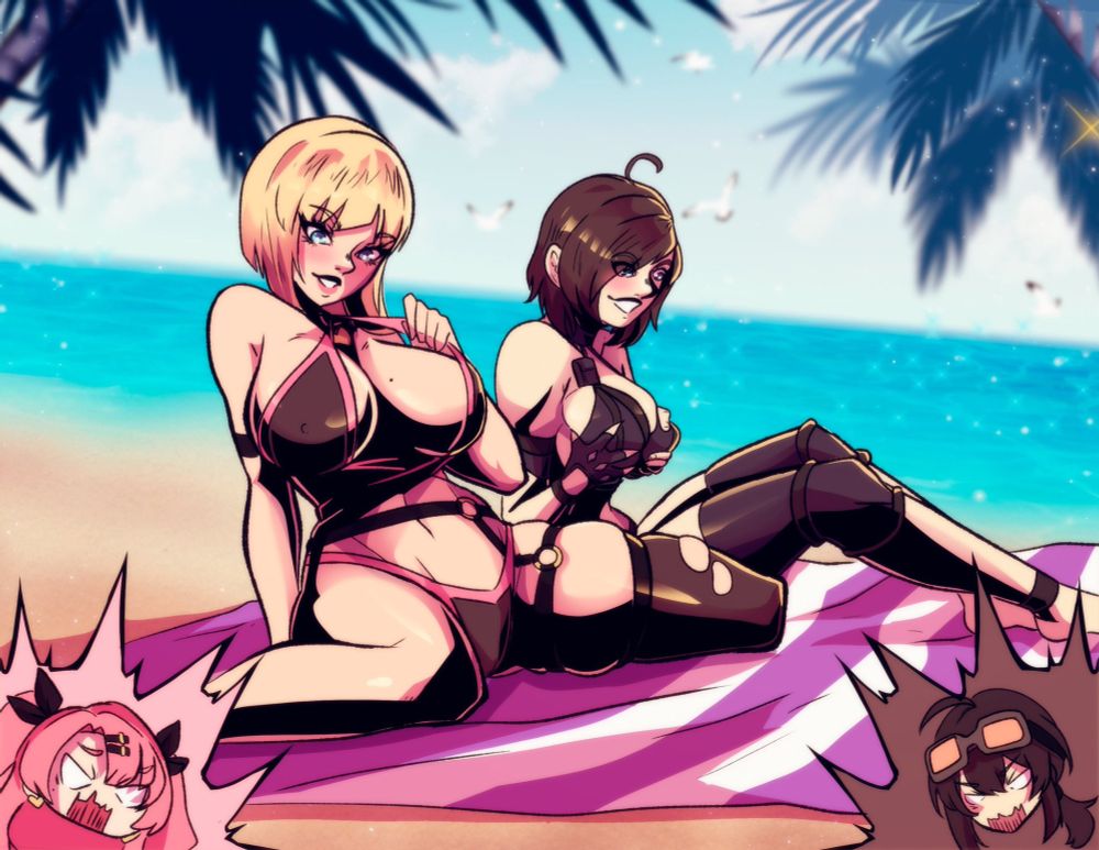 Illustration of Chisato and Ryuga having swapped heads with Nicole and Grace respectively, characters from Zenless Zone Zero. They are wearing modified versions of the original outfits and are exploring their bodies while at the beach. The original Nicole and Grace are offscreen, unhappy their bodies have been taken.