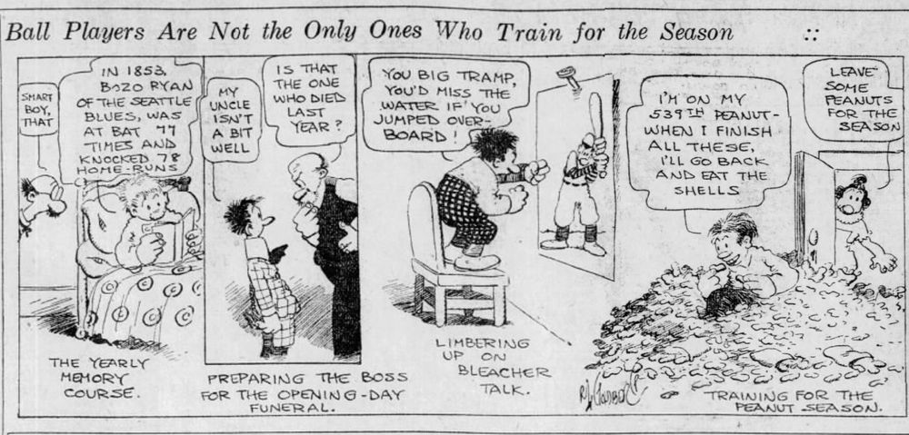 Headline reads: Ballplayers are not the only ones who train for the season." Cartoon depicts baseball fans reading up on stats, practicing their speeches to their bosses for why they have to miss work on opening day, yelling at photos of opposing players, and eating lots of peanuts to get ready for next season.