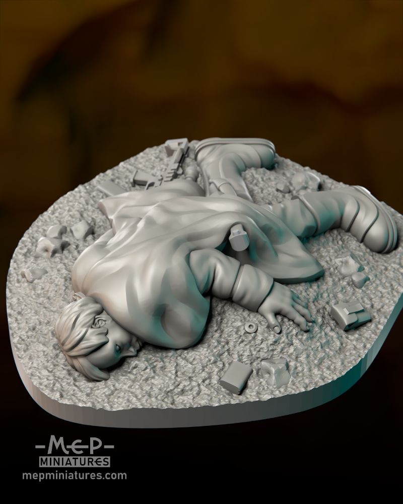 Digital render of a sculpted 28mm scale miniature scifi soldier lying on the ground.