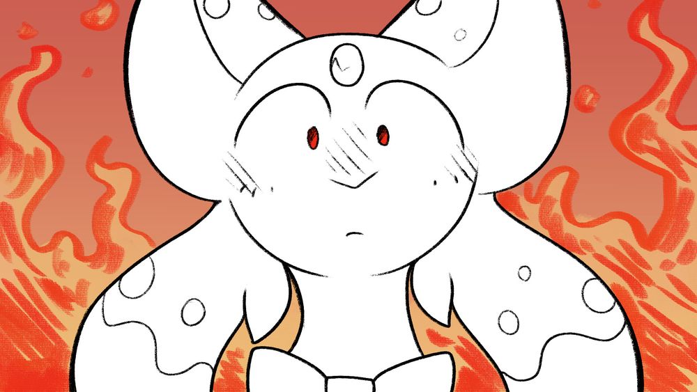 Digital art of an uncoloured Mono in front of a fire. He stares into the viewer blankly.