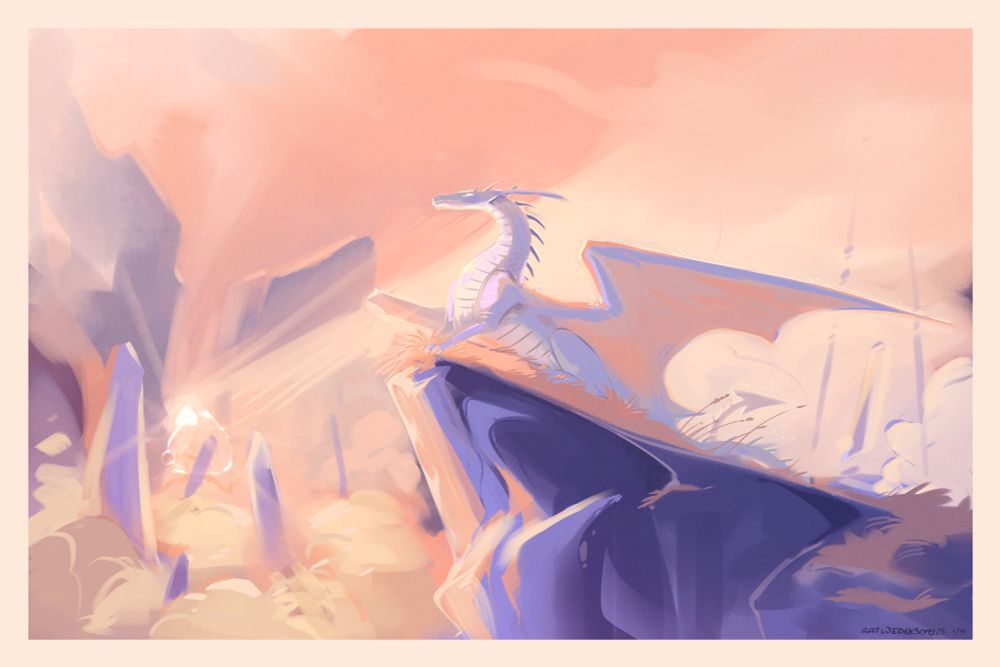 A digital painting of a blue-grey dragon perched on a cliff at sunrise.