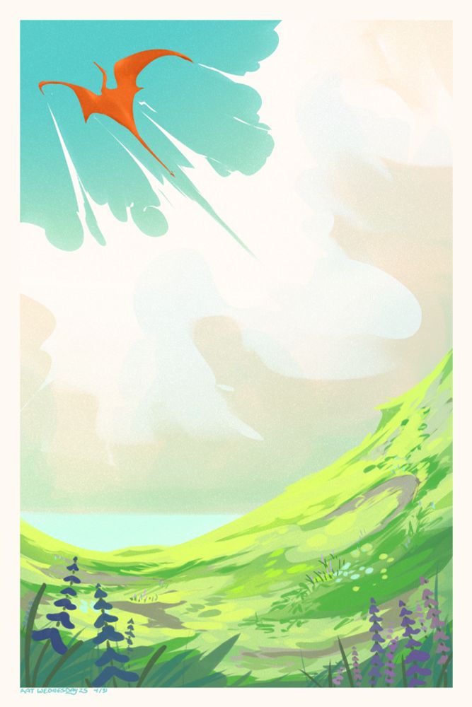 An illustration of a warm sunlit field, with a distant red dragon bursting through a layer of cloud and into the bright blue sky. 
