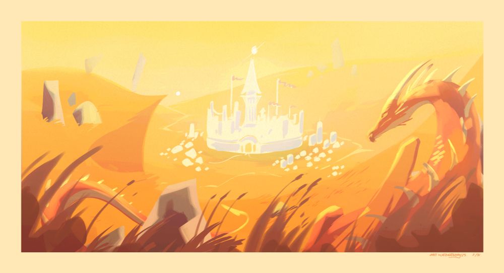 A warm illustration of a red-brown dragon lit by bright sun and looking over a valley with a white fortress and small village built in the center.