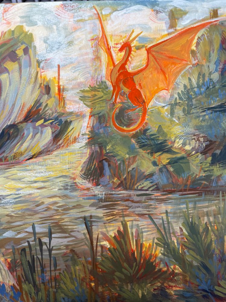 Crop of a WIP painting of a little red dragon perched on a grass and moss-covered boulder overlooking gently choppy water. 