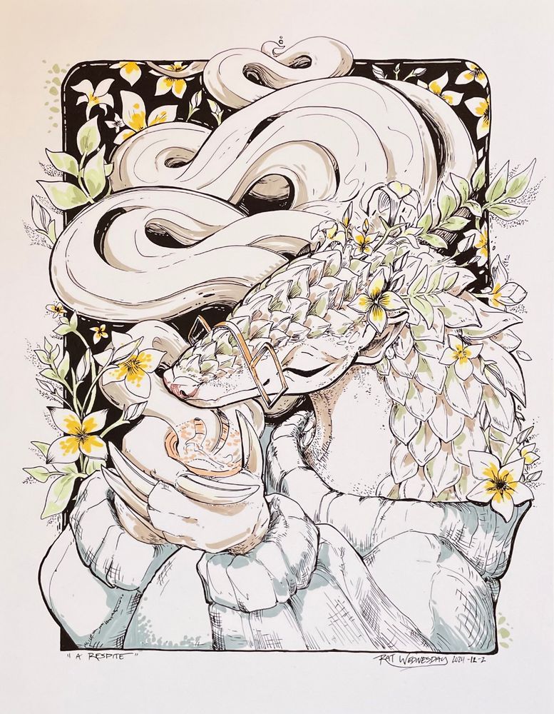 A pen and ink drawing of an anthro pangolin in a chunky sweater, holding a small mug of tea and breathing in the steam with a calm, closed-eyes smile.