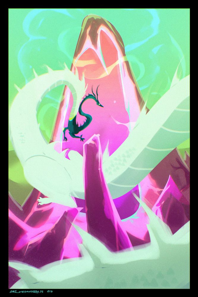 A pale green noodle dragon flies into a bright pink-purple portal, framed by a neon teal sky.
