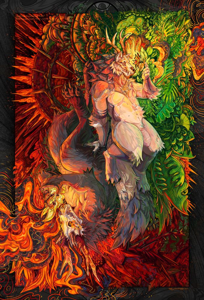 A piece inspired by playing cards and motifs of regrowth and destruction. On one side a skull-faced anthro wolf holds a burning and dead flower, consumed by flame; on the other, an anthro wolf with a skull-shaped mask holds a burning flower silhouetted by lush plants. 