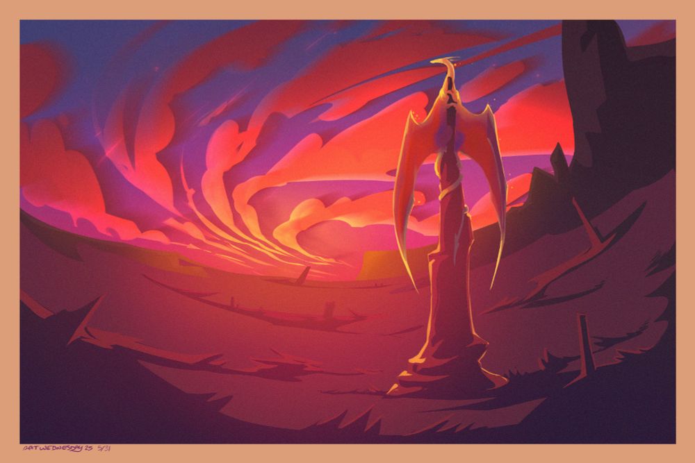 A drawing of a golden dragon perched on a spire, backlit by the rising sun.