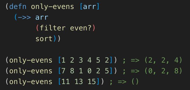 (defn only-evens [arr]
  (->> arr
       (filter even?)
       sort))