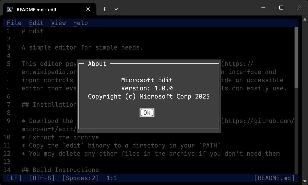 screenshot of Microsoft Edit in commandline terminal in Windows 11. Version 1.0.0