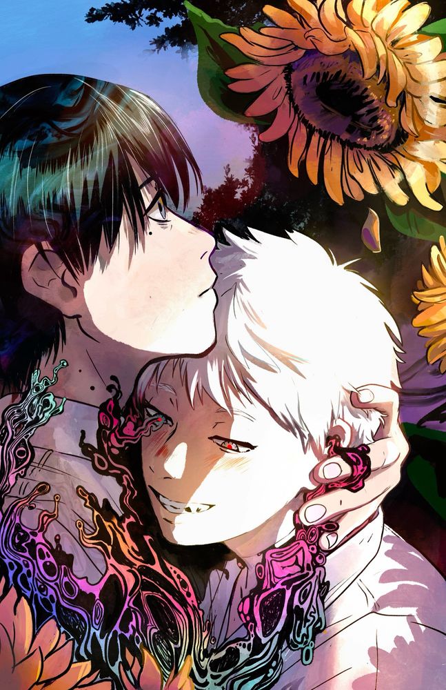 Yoshiki protectively yet desperately holds the back of Hikaru’s head as Hikaru leans into him and oozes from the eye and ear. Hikaru smiles fondly as his rainbow ooze embraces Yoshiki, but Yoshiki has a pensive expression as he gazes up at a wilting sunflower.