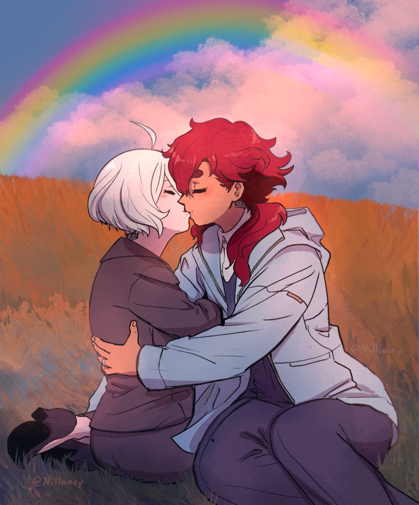 Suletta and Miorine sit on the grassy hill from the finale as they share a kiss under a rainbow.