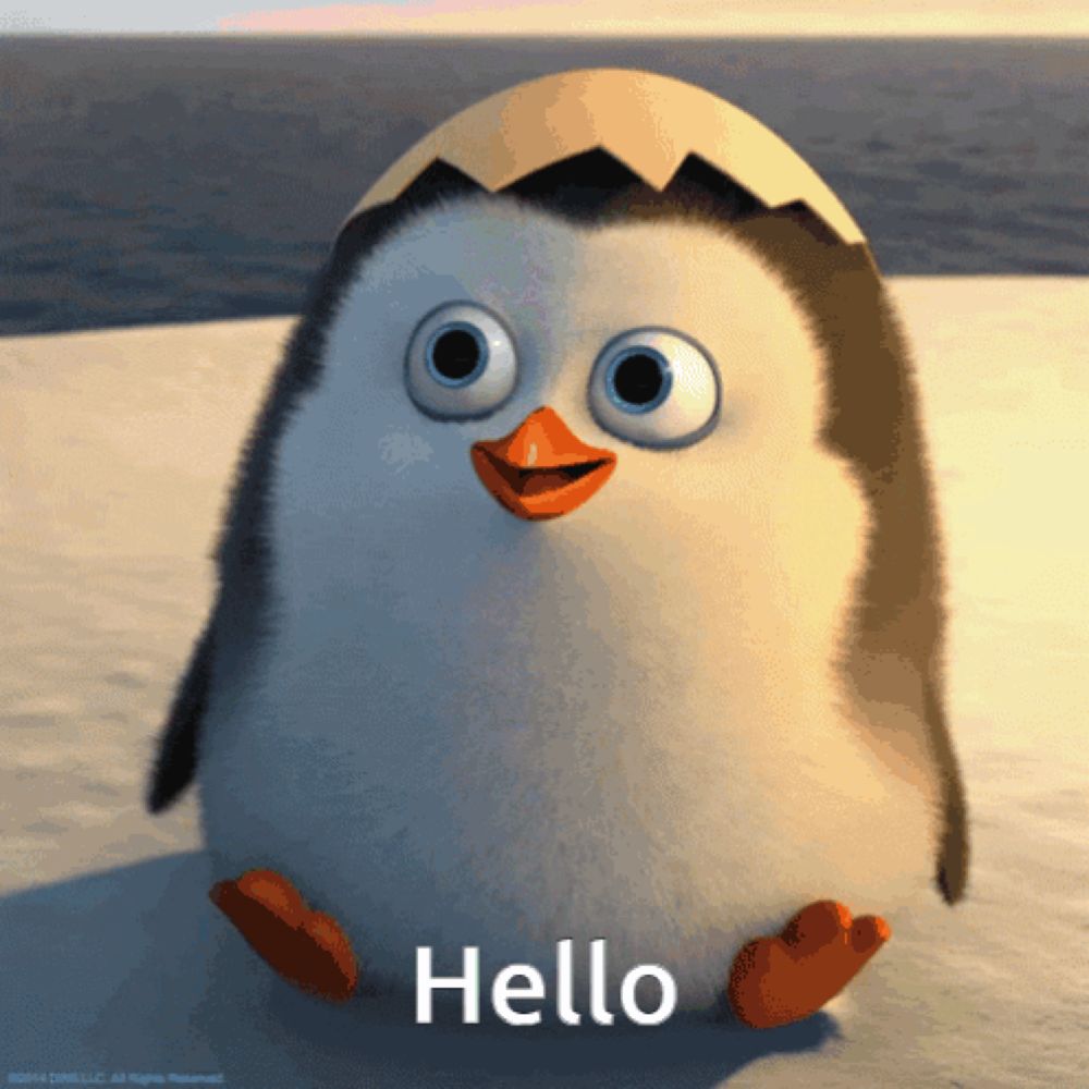 a cartoon penguin says hello in front of an egg