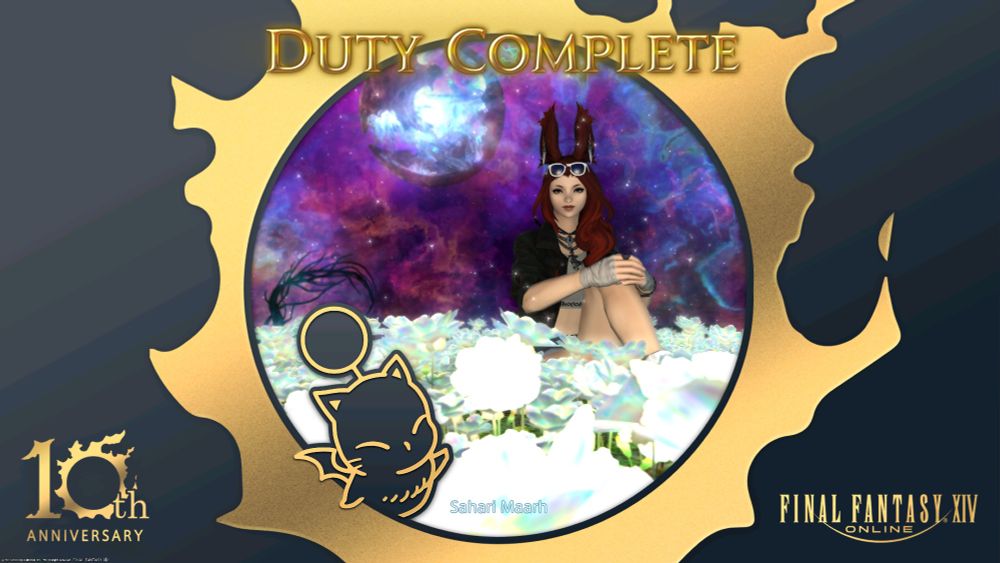 A viera with long red hair with sunglasses on her head and wearing a street jacket is sitting on the right in a field of Elpis flowers while a destroyed world in the distance of Ultima Thule is shown off to the left. There is an Astromagnetic Storm happening. Decorating this is the special meteor 10th anniversary border with the Duty Complete message in the top center.