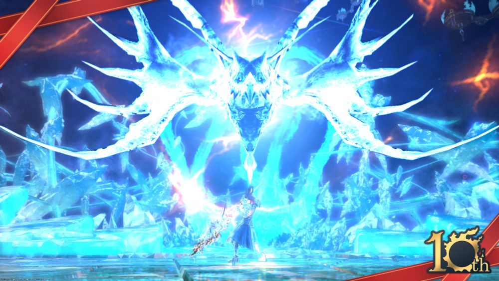 Viera dragoon with long red hair is in the middle of her limit break 3 skill. The skill's dragon face is centered and facing the camera. Decorated with the special 10th anniversary ribbon border.