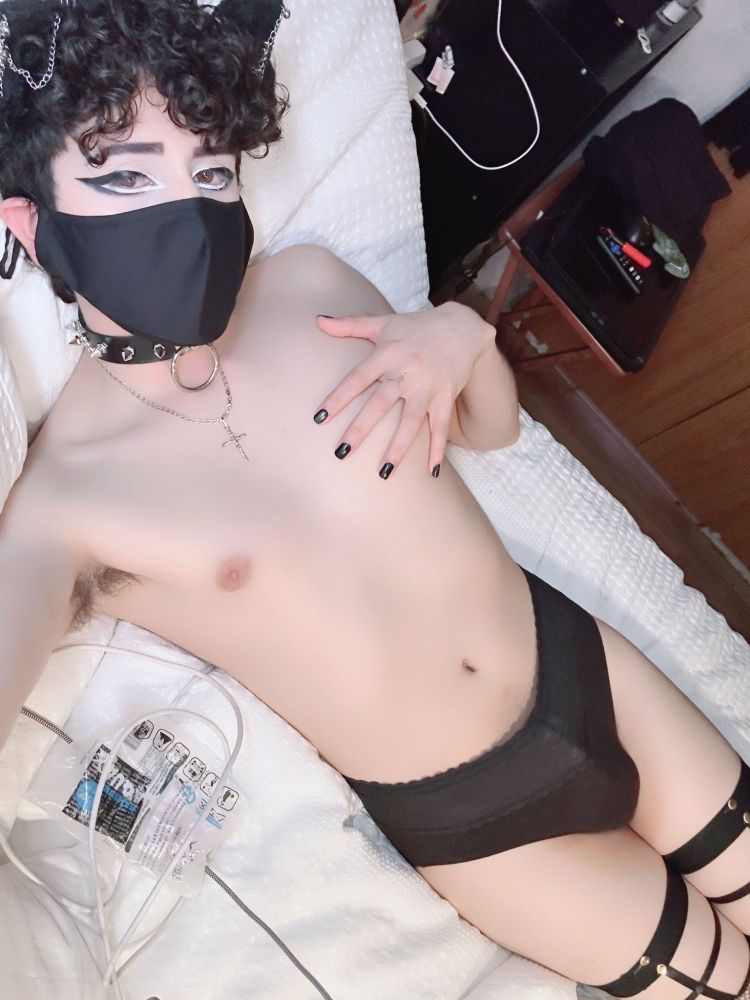 Cute catboy waiting for cuddles in panties and thigh highs