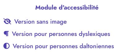 Module d’accessibilité. Trois options : icône œil barré :« Version sans image » ; icône signe paragraphe (¶) :« Version pour personnes dyslexiques » ; icône cercle contrasté (moitié pleine, moitié vide) :« Version pour personnes daltoniennes