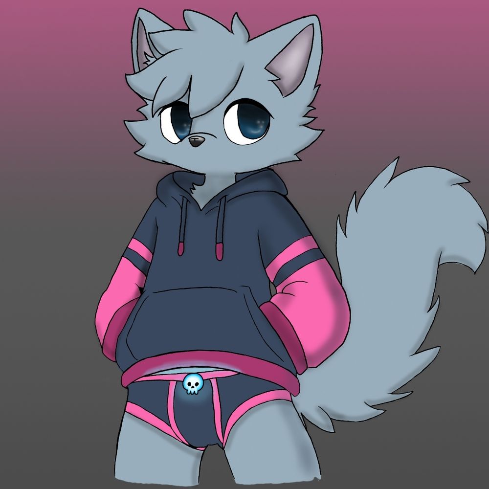 Art of a popular meme known as "boykisser", which is an androgynous anthropomorphic cat, typically depicted as male, seen in various scenarios to do with LGBT. My art is of a boykisser meme, merely wearing a pink and black hoodie, grey fur and a long tail.