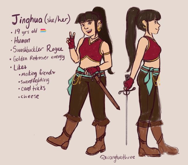 A character sheet of a young East Asian human rogue. She is standing with weight on one leg and is smiling while holding up a peace sign with one of her hands. Her outfit is red, teal, and brown, with pirate-y aspects like scarves, chains, a belt, and long tan boots. On her belt is her favourite weapon, her rapier. She wears gold jewelry and has her hair long dark brown hair tied up in a high pony. Straight bangs frame her face. 