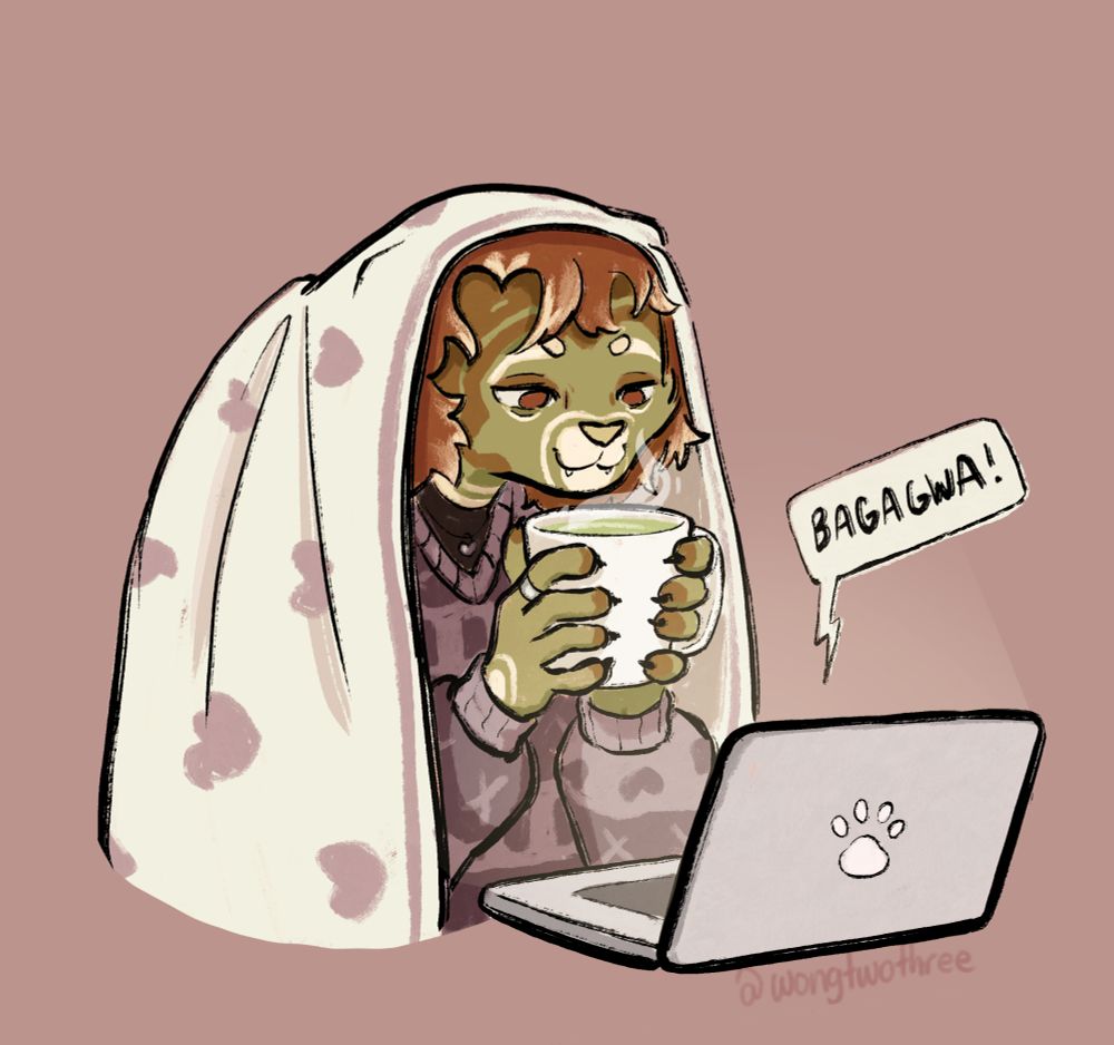 A cat fursona with green and brown fur holds a hot cup of matcha tea with a blanket over top of their head while watching Merv the Cat videos on a silver laptop. 