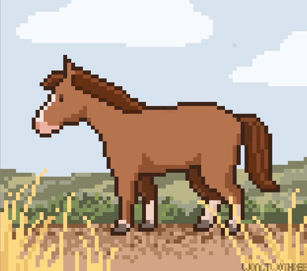Pixel art of a horse in a field with low plains behind, with a pastel blue sky. 