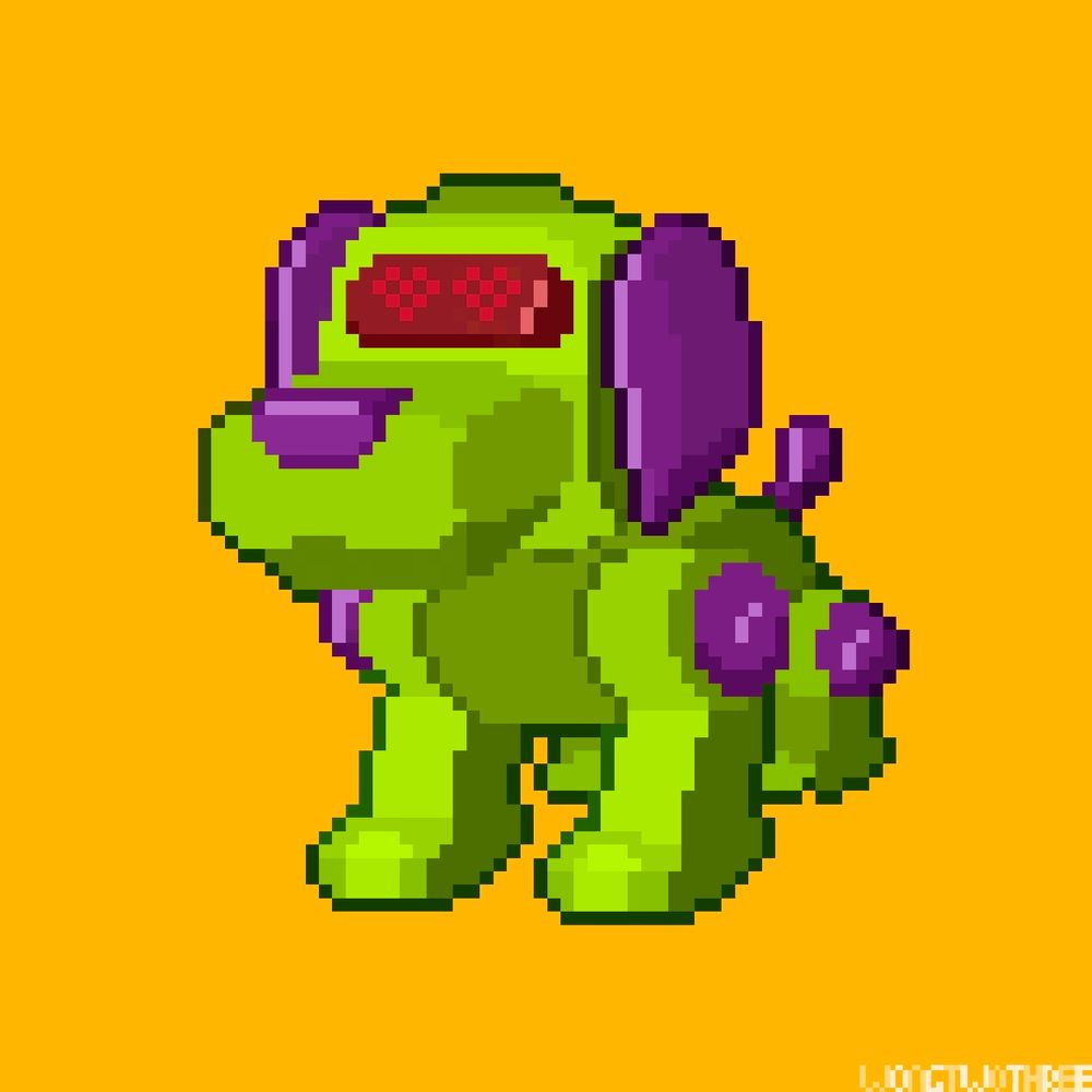 Pixel art of a green and purple Poo-Chi Robot dog toy from McDonald's in the early 2000s sits on a yellow background. 
