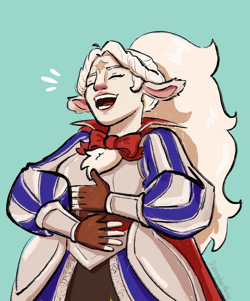 A white firbolg has her hands on her stomach as she does a great belly laugh. She wears armour with blue striped puffy sleeves and has long fluffy white hair.