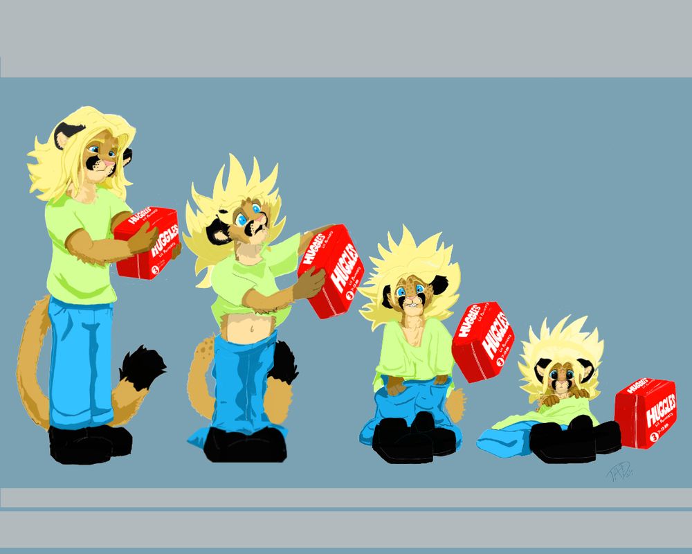 An anthropomorphic florida panther holding a box of diapers. He has long blonde hair, blue eyes, a light green tshirt, jeans and black shoes.  Each panel shows him age regressing at the same rate as the package dropping to the floor.