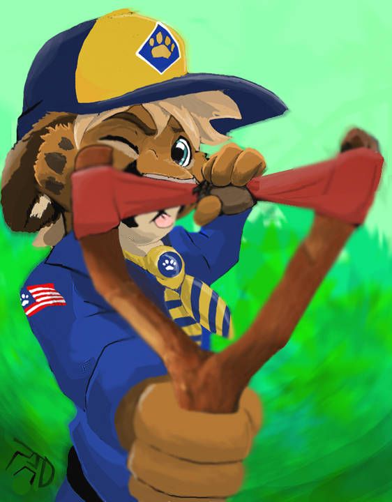 A young anthropomorphic florida panther boy in cub scout uniform holding a slingshot aiming it at the pov, an acorn ready to fly. He has one blue eye open to aim the shot and his pink tongue is blepped in concentration.