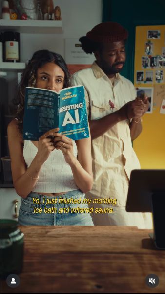 A screenshot of the instgram video showing winnie_thepooj holding an open copy of 'Resisting AI' while standing behind the counter in Brooklyn Coffee Shop
