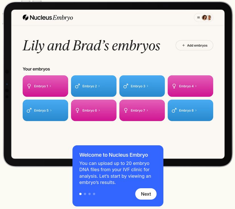 A screenshot of the Nucleus Genomics' embryo dashboard, titled "Lily and Brad's embryos" and showing a set of pink and blue buttons labelled 'Embryo 1', Embryo 2' etc