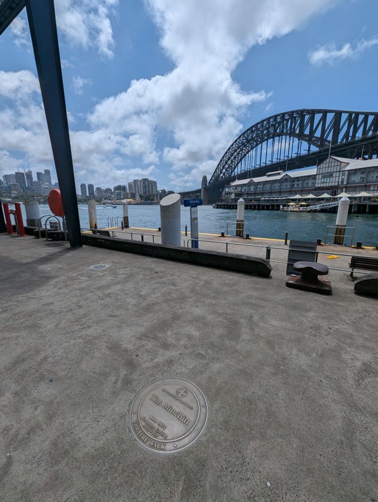 Tim Minchin plaque set in concrete footpath in foreground. North Sydney highrises, Luna Park, and the Sydney Harbour Bridge in the background across the water. Clear sky with a few fluffy clouds.