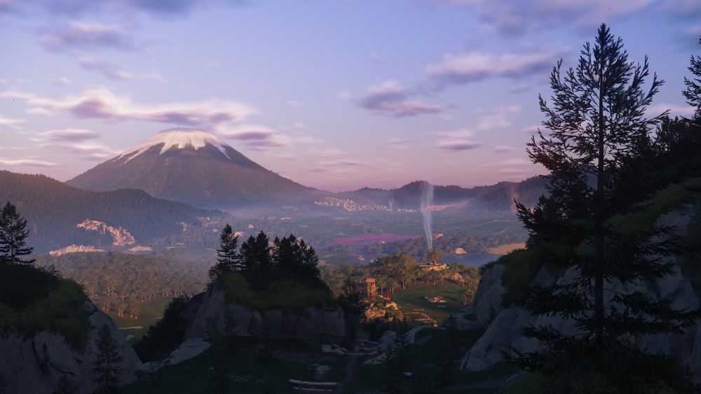 Landscape view from a mountain side overlooking a valley. Can see small towers, campfire smoke, and flower fields in the valley below, with snow peaked mount yotei on the otherside of the valley. 