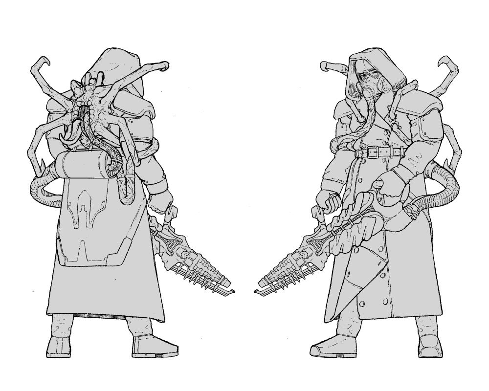 as his penance he accepted a parasite.
an otherworldly lifeform attaches upon his spine.
taking in his blood, converting it into fuel.
cords from its mouth enter his back cannister with more cords connecting to his mask and his flame thrower.
the fuel, the substance, is also his own sustainance.

he mindlessly burns away the things that ail the world he spoiled