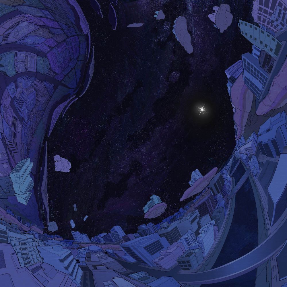 a curvilinear perspective of a city at night