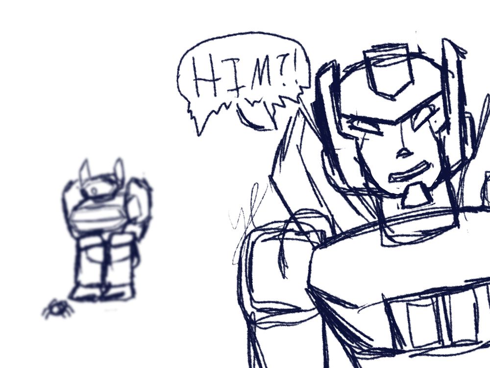 Shockwave is in the same pose now blurry. Skids is now looking at us/ someone off to the side.
Skids: HIM?!