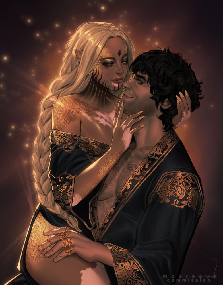 Art of a custom female half-elf Dark Urge character with Enver Gortash. She is sitting in his lap and holding his head in her hands as she looks down at him. They are both dressed in half-undone matching black and gold robes. She has long blonde hair tied into a braid, orange-gold eyes, patches of vitiligo, and several patches of golden draconic scales on her face, shoulders, wrists and hips. His left hand is resting on her thigh.