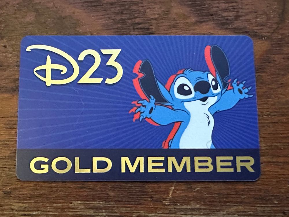 D23 Gold Member card with a picture of Stitch. 