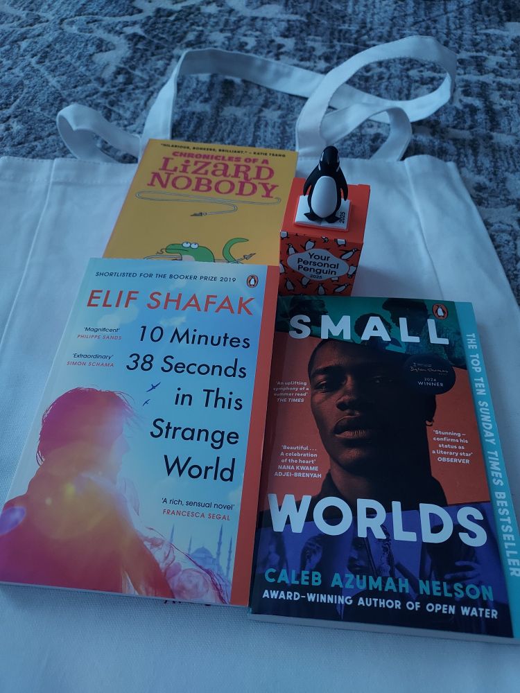 Three books and a penguin figurine on a cotton tote bag. The books are:

- Chronicles of a Lizard Nobody by Patrick Ness, illustrated by Tim Miller
- 10 Minutes 38 Seconds in This Strange World by Elif Shafak
- Small Worlds by Caleb Azumah Nelson