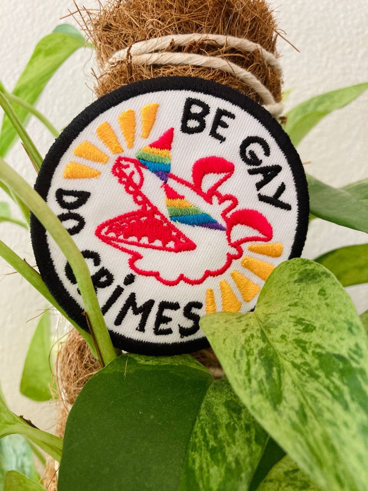A sew on patch that says “be gay do crimes” with a possum wearing rainbow triangle sunglasses smiling in the middle. The patch is sitting in a plant. 
