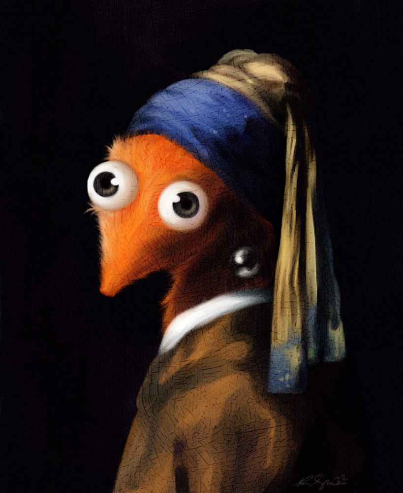 A painting of a worm on a string as the girl with a pearl earring