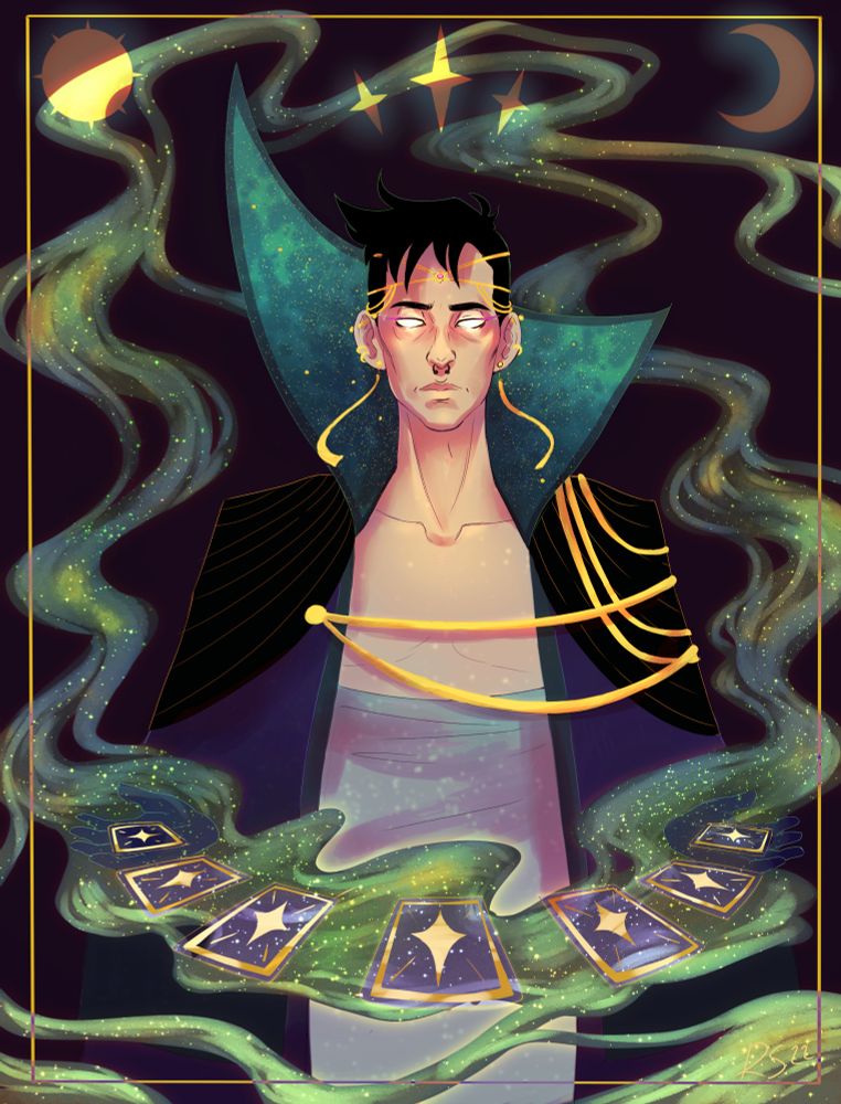 Eugene is facing forward wjth ghostly hands holding a spread of cards in front of him, his eyes glowing white, and green starry smoke flows around him. A sun, moon, and stars decorate the piece like borders of a tarot card