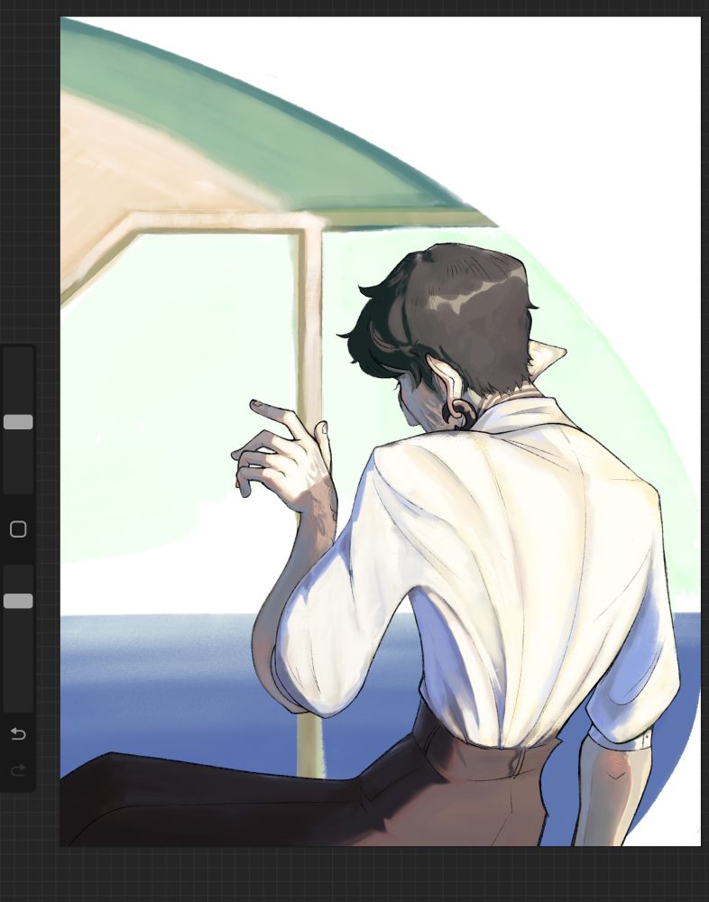 Painting of a figure with grey skin and pointy ears looking out a window to the sea. They are brightly lit from behind, and the light casts over their shoulder onto the back of their hand, which has a scar, as they look at it in front of them. 