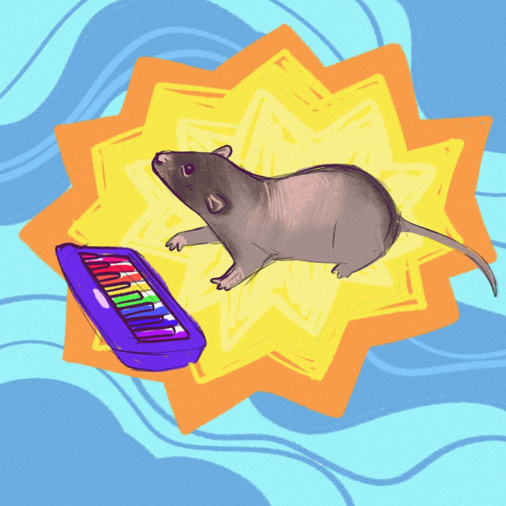Art of neil the rat banging out the tunes on his tiny rainbow keyboard 