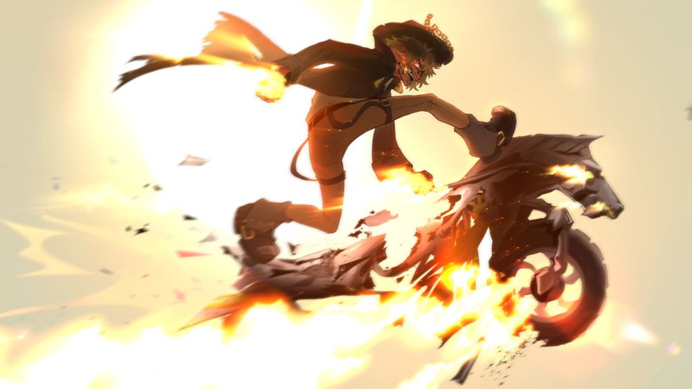 Wick doing the Sonic adventure pose as they blast through the sky with a horse shaped motorcycle thats exploding and shooting fire out its engine