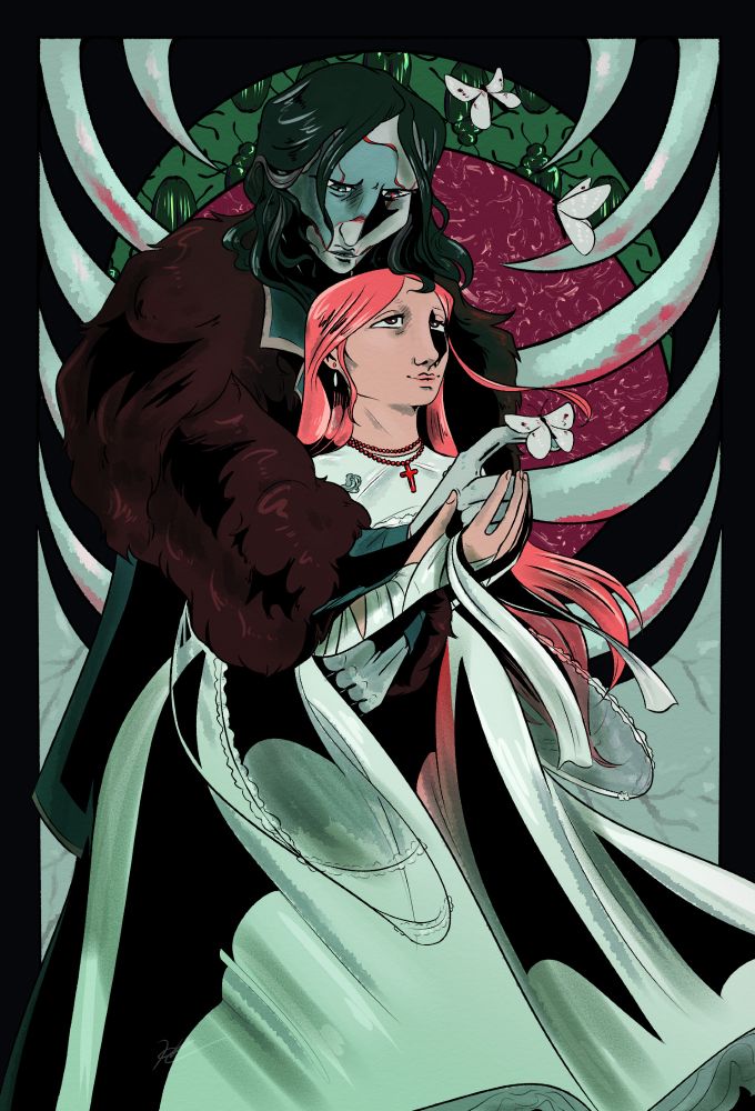 Fanart of Frankenstein 2025 showing the Creature holding Elizabeth. One of the Creature’s hand covers the bullet wound, blood seeps into the front of Elizabeth’s wedding dress. Elizabeth cups her hands around his other, lifting it as a white butterfly hands. Two other butterflies fly around. The background depicts a rib cage, flesh, and green beetles in a similar composition to Alphonse Mucha’s artwork.