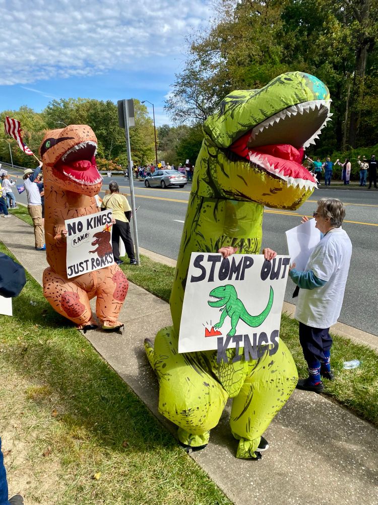 Image shows two people wearing inflatable dinosaur costumes and holding handmade protest signs. One reads “Stomp out Kings” and has a picture of a dinosaur on it. The other reads “No Kings Just Rawr.” 